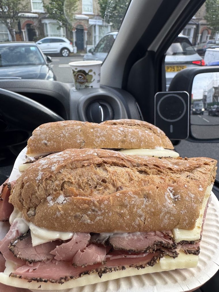 Salt beef and cheese baguette