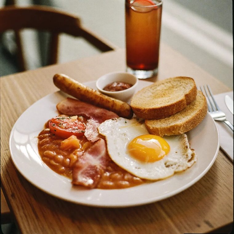Full English breakfast on a white plate